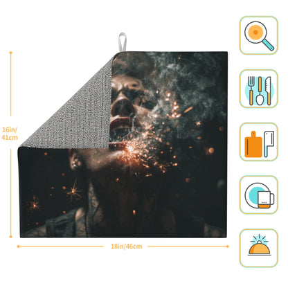 2-Pack Kitchen Counter Dish Drying Mats – Absorbent & Quick-Dry with Anti-Slip Backing – Foldable with Hanging Loop – Artistic Dark Spark Design – 18 x 16 in