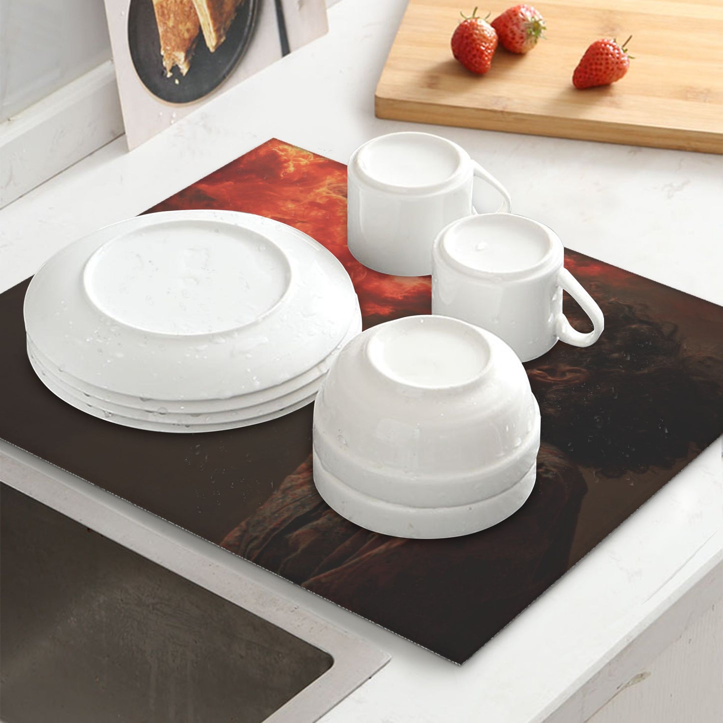 2-Piece Kitchen Counter Drying Mats – High Absorbency & Fast Dry – Non-Slip Base – Foldable with Hanging Loop – Artistic Red Smoke Design – 18 x 16 Inches