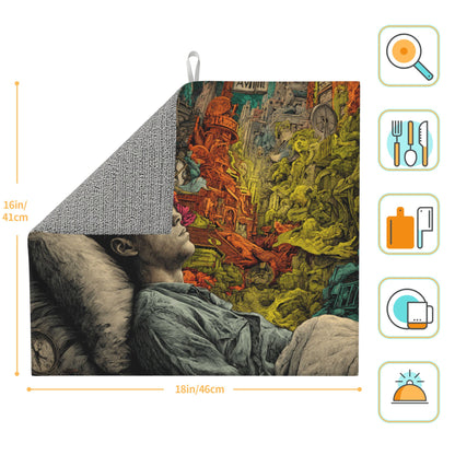 2-Pack Absorbent Dish Drying Mats – Non-Slip Fast-Dry Kitchen Counter Mats – Foldable & Machine Washable – Dream-Inspired Surreal Art Print – 18 x 16 Inches