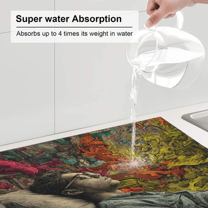 2-Pack Absorbent Dish Drying Mats – Non-Slip Fast-Dry Kitchen Counter Mats – Foldable & Machine Washable – Dream-Inspired Surreal Art Print – 18 x 16 Inches