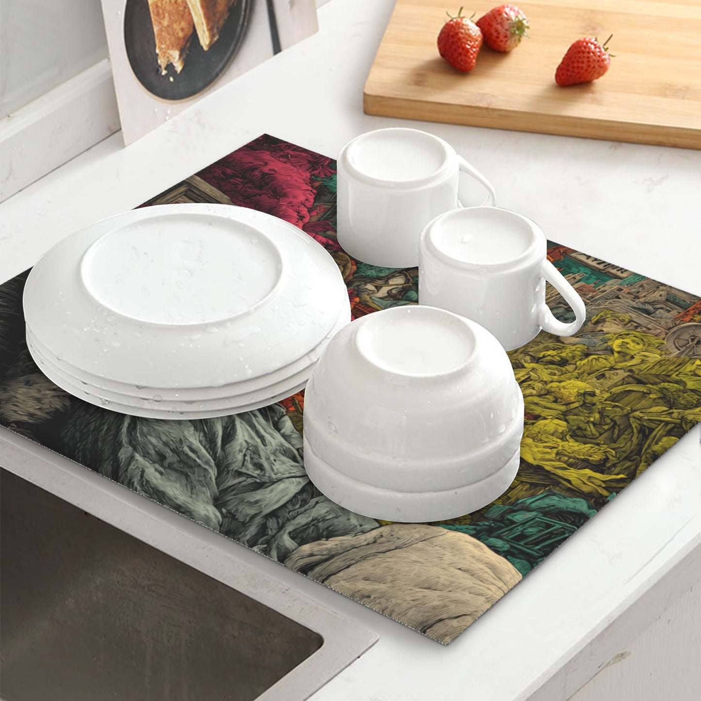 2-Pack Absorbent Dish Drying Mats – Non-Slip Fast-Dry Kitchen Counter Mats – Foldable & Machine Washable – Dream-Inspired Surreal Art Print – 18 x 16 Inches