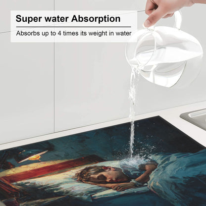 2-Pack Absorbent Kitchen Counter Mats – Calm Sleeping Child Oil Painting Design – Fast-Drying, Non-Slip, Foldable, Machine Washable – 18 x 16 Inches