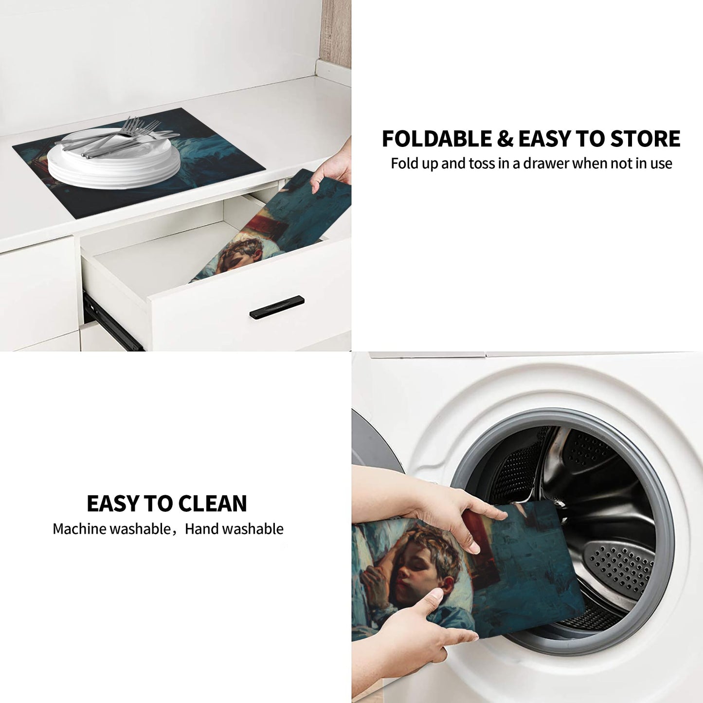 2-Pack Absorbent Kitchen Counter Mats – Calm Sleeping Child Oil Painting Design – Fast-Drying, Non-Slip, Foldable, Machine Washable – 18 x 16 Inches