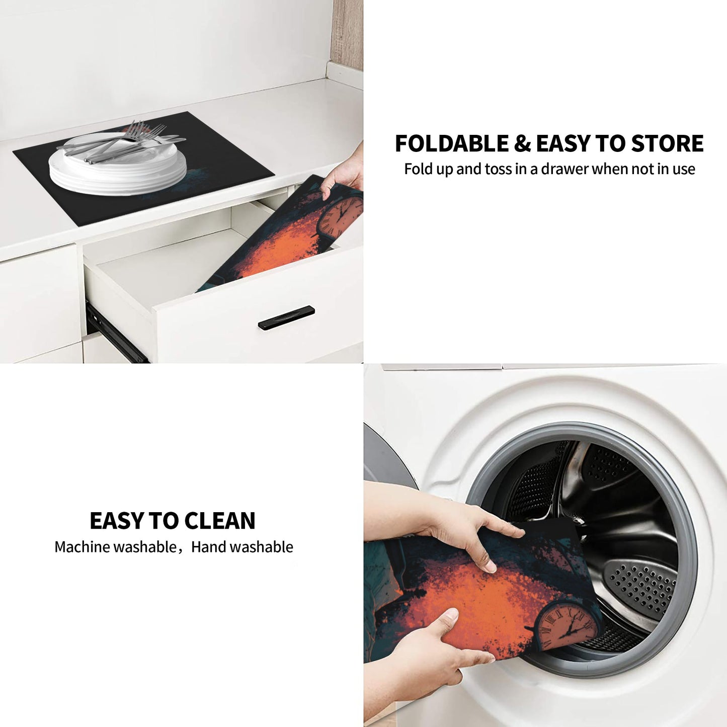 2-Pack Absorbent Kitchen Counter Mats – Vintage Clock & Burning Window Bedroom Art – Fast-Dry, Foldable, Non-Slip, Washable – 18 x 16 Inches