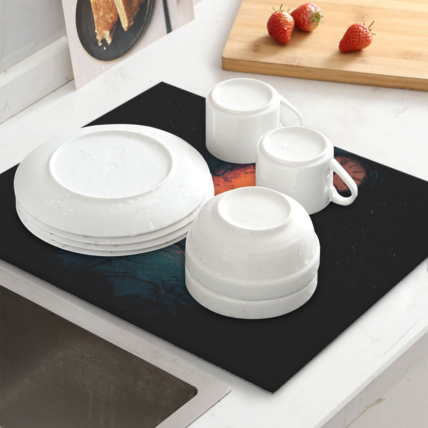 2-Pack Absorbent Kitchen Counter Mats – Vintage Clock & Burning Window Bedroom Art – Fast-Dry, Foldable, Non-Slip, Washable – 18 x 16 Inches