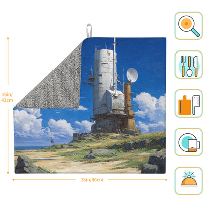2-Pack Absorbent Kitchen Counter Mats – Sci-Fi Coastal Signal Tower Print – Fast-Drying, Foldable, Machine Washable – 18 x 16 Inches