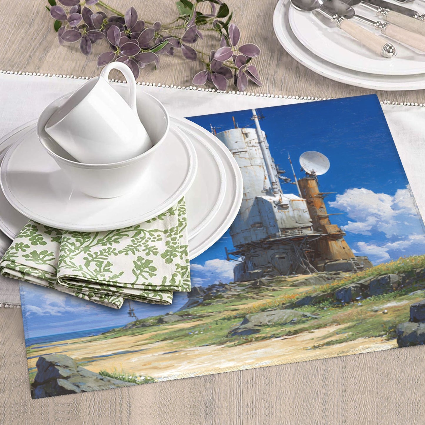 2-Pack Absorbent Kitchen Counter Mats – Sci-Fi Coastal Signal Tower Print – Fast-Drying, Foldable, Machine Washable – 18 x 16 Inches