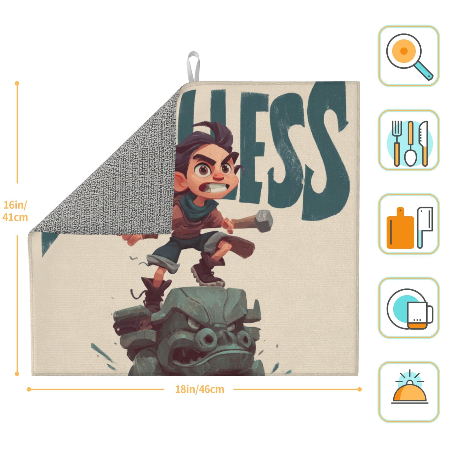 2-Pack Absorbent Kitchen Drying Mats –  Cartoon Adventure Warrior Design – Non-Slip, Quick Dry – 18x16 in – Hanging Loop Included