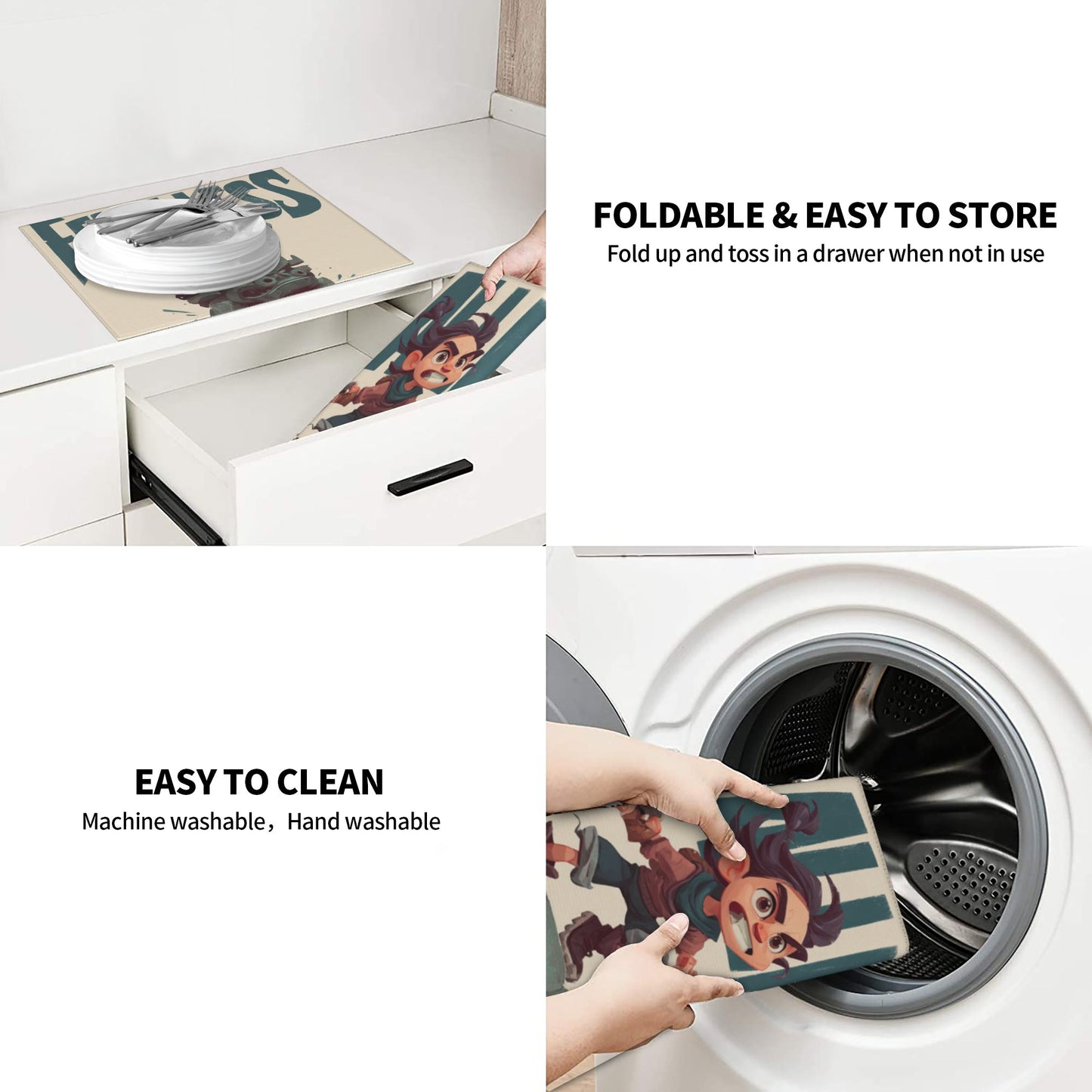 2-Pack Absorbent Kitchen Drying Mats –  Cartoon Adventure Warrior Design – Non-Slip, Quick Dry – 18x16 in – Hanging Loop Included