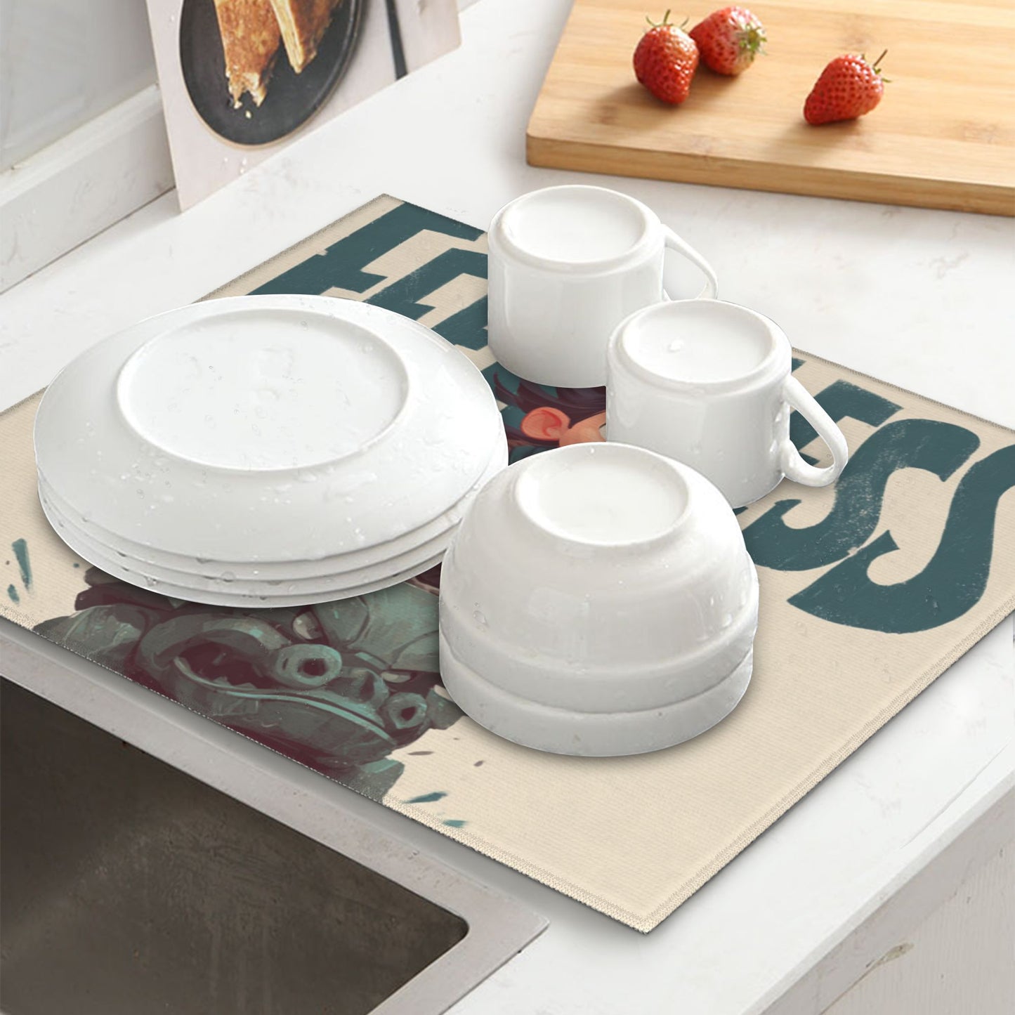 2-Pack Absorbent Kitchen Drying Mats –  Cartoon Adventure Warrior Design – Non-Slip, Quick Dry – 18x16 in – Hanging Loop Included