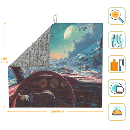 2-Pack Absorbent Kitchen Drying Mats – Sci-Fi Cosmic Car Window Illustration – Non-Slip Backing, Hanging Loop – 18x16 inches – Fast Dry