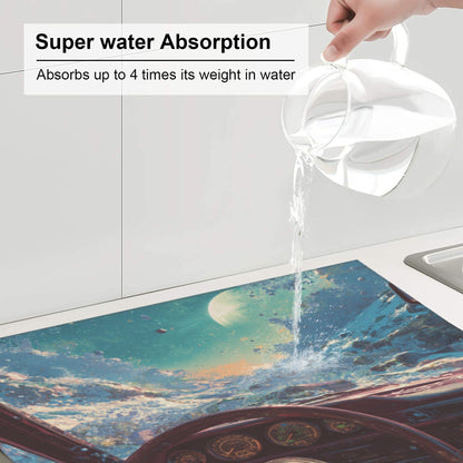 2-Pack Absorbent Kitchen Drying Mats – Sci-Fi Cosmic Car Window Illustration – Non-Slip Backing, Hanging Loop – 18x16 inches – Fast Dry