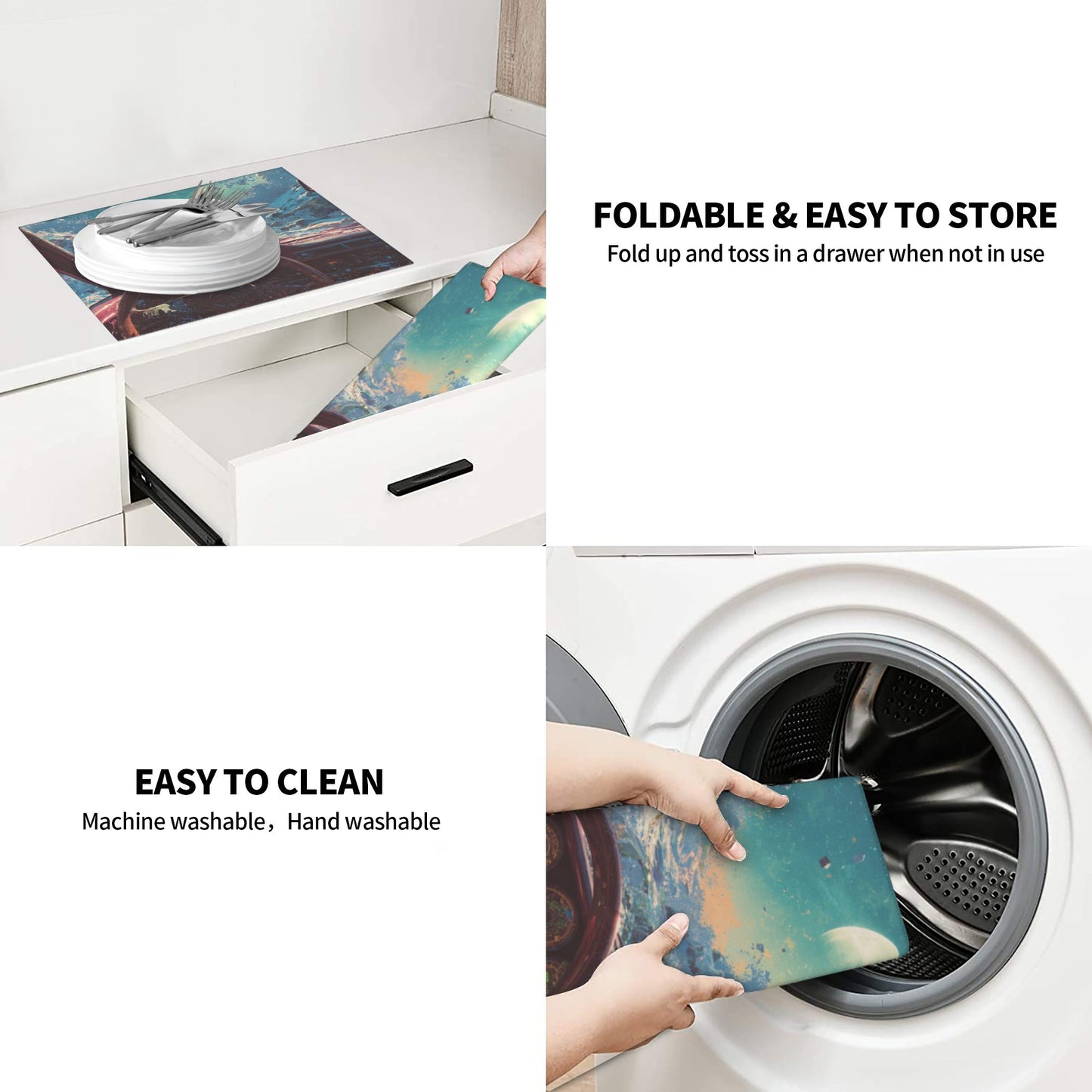 2-Pack Absorbent Kitchen Drying Mats – Sci-Fi Cosmic Car Window Illustration – Non-Slip Backing, Hanging Loop – 18x16 inches – Fast Dry