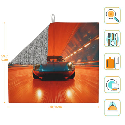 2-Pack Absorbent Kitchen Counter Drying Mats – Racing Car in Tunnel Design – Fast-Dry with Hanging Loop – 18x16 in – Non-Slip Backing