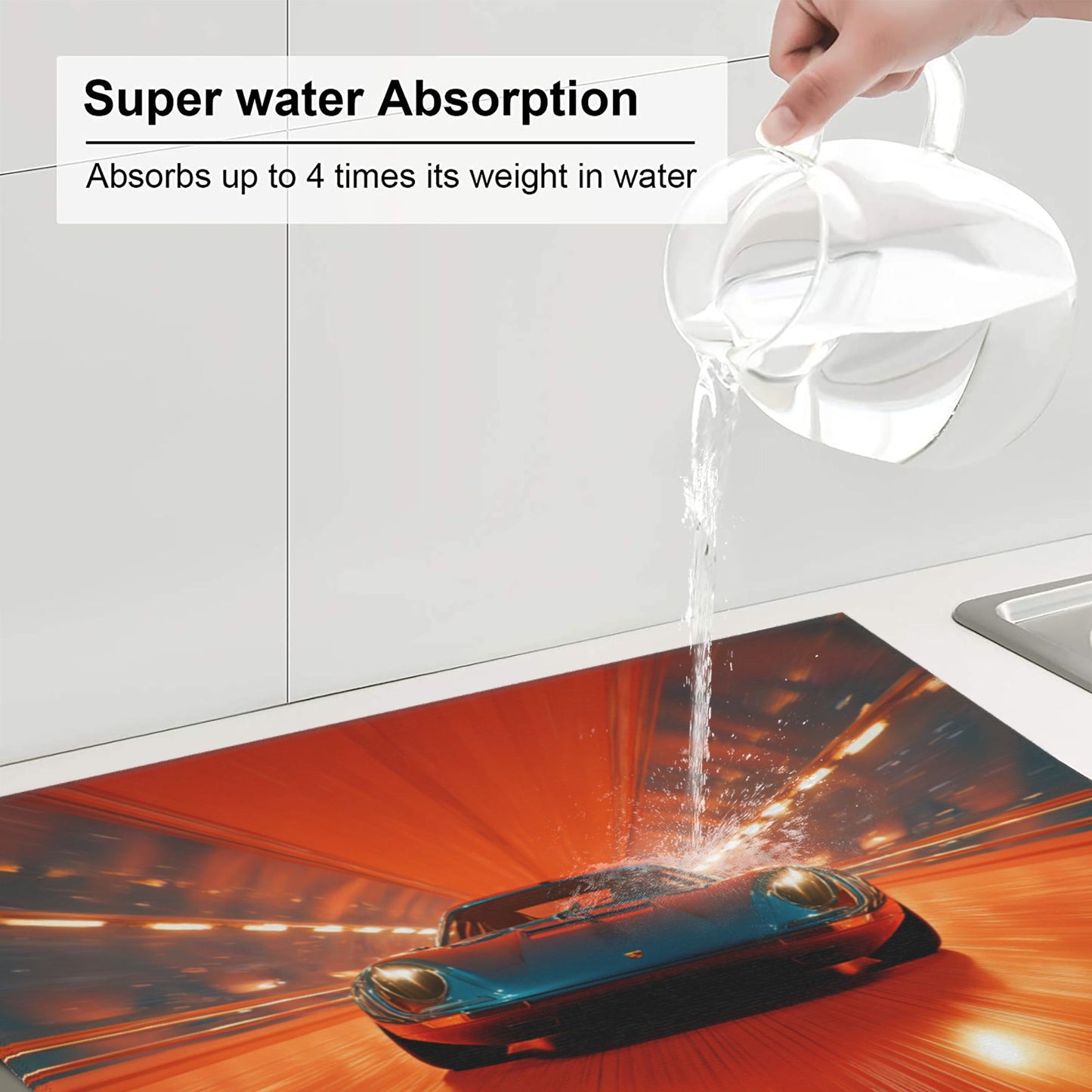 2-Pack Absorbent Kitchen Counter Drying Mats – Racing Car in Tunnel Design – Fast-Dry with Hanging Loop – 18x16 in – Non-Slip Backing