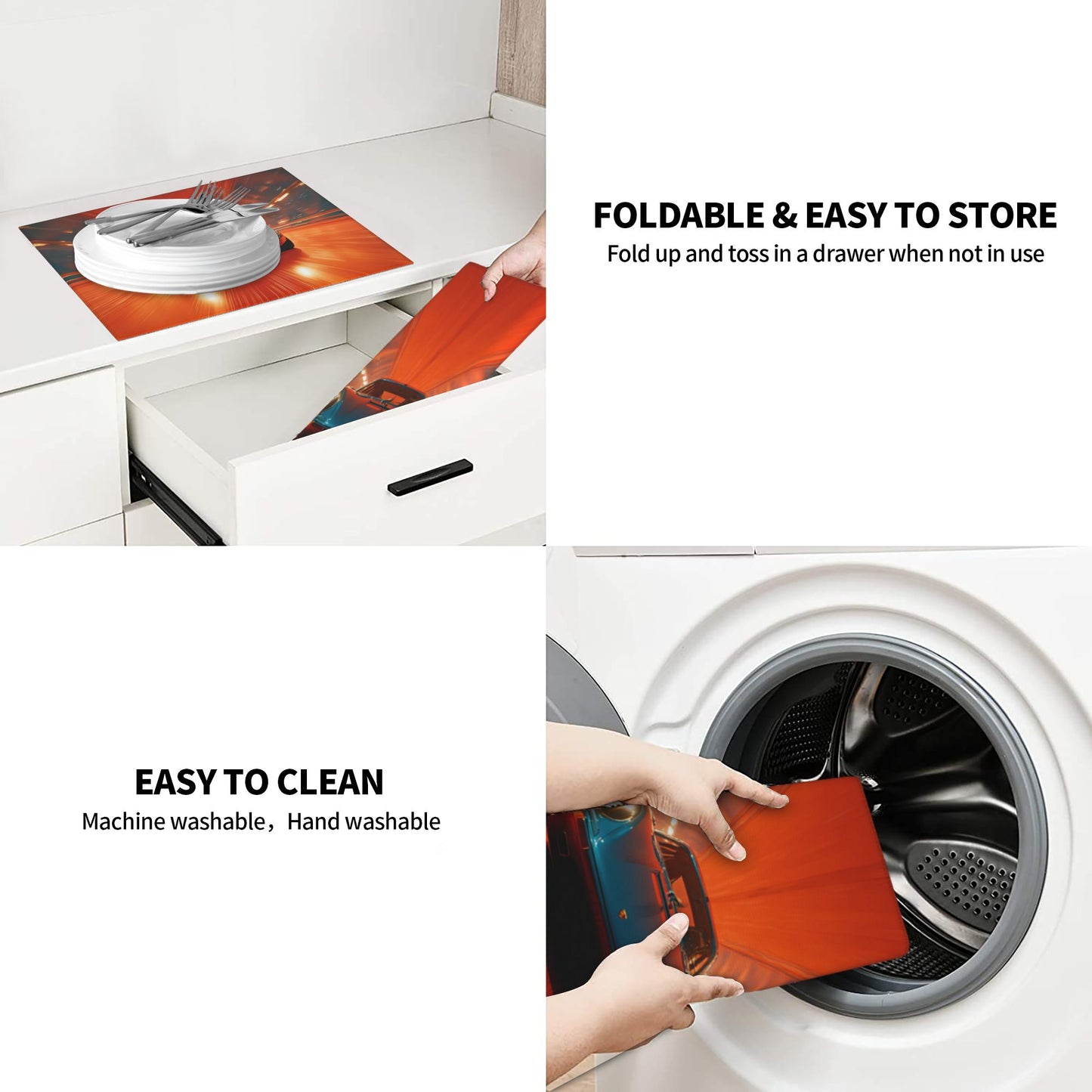 2-Pack Absorbent Kitchen Counter Drying Mats – Racing Car in Tunnel Design – Fast-Dry with Hanging Loop – 18x16 in – Non-Slip Backing