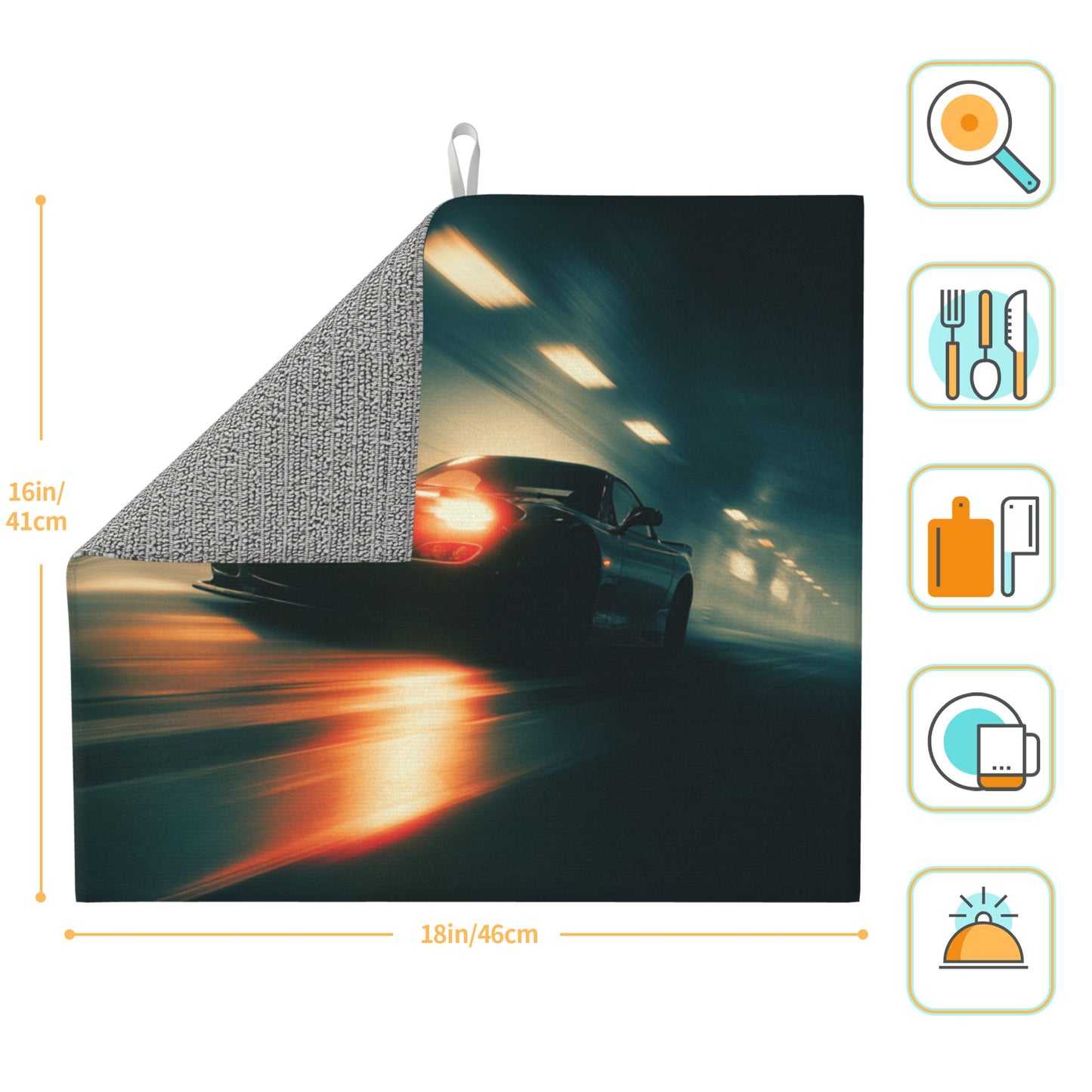 2-Pack Absorbent Kitchen Drying Mats – Black Sports Car in Night Tunnel – Super Absorbent, Quick Dry, Non-Slip, Hanging Loop – 18×16 in