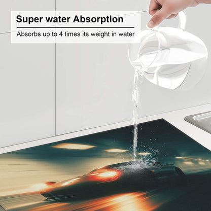 2-Pack Absorbent Kitchen Drying Mats – Black Sports Car in Night Tunnel – Super Absorbent, Quick Dry, Non-Slip, Hanging Loop – 18×16 in