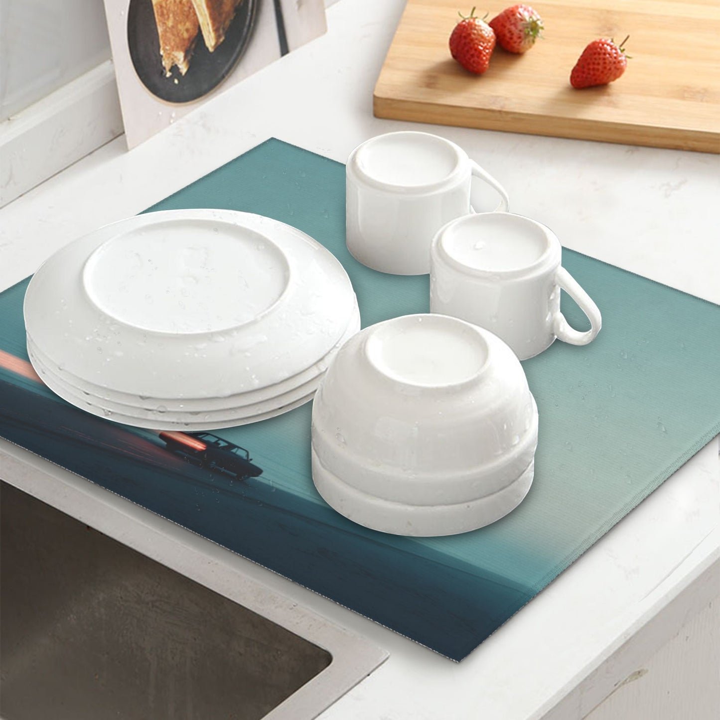 2-Pack Absorbent Kitchen Drying Mats – Minimalist Blue Horizon Driving Theme – Super Absorbent, Non-Slip, Quick Dry – 18×16 in